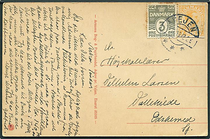 3 øre Bølgelinie og 7 øre Chr. X helsagsafklip på brevkort fra Askov Højskole stemplet Vejen d. 27.11.1920 til Vallekilde.