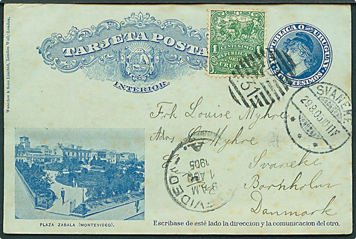 2 c. illustreret helsagsbrevkort opfrankeret 1 c. med påklæbet foto (Udsigt over Fay Bentos) annulleret med nr.stempel D/31 og sidestemplet Montevideo d. 1.8.1905 til Svaneke på Bornholm. 