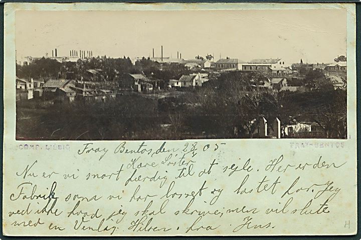 2 c. illustreret helsagsbrevkort opfrankeret 1 c. med påklæbet foto (Udsigt over Fay Bentos) annulleret med nr.stempel D/31 og sidestemplet Montevideo d. 1.8.1905 til Svaneke på Bornholm. 