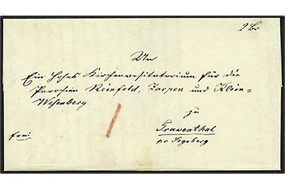 1842. Francobrev med indhold dateret Petersdorf auf Fehmarn d. 31.5.1842 til Trauenthal pr. Segeberg.