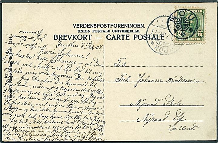 5 øre Fr. VIII på brevkort annulleret med stjernestempel HOU og sidestemplet med bureau Aarhus - * Hou * T.11 d. 12.12.1907 til Nyraad St.