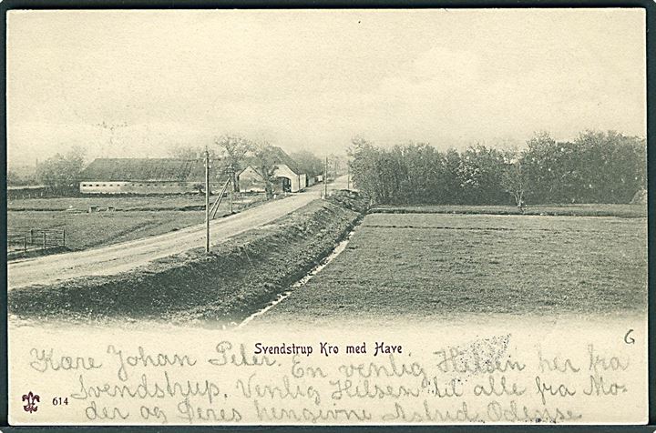 5 øre Våben (kort hjørne) på brevkort (Svenstrup Kro) annulleret med stjernestempel SVENSTRUP til Randers. Ank.stemplet Randers d. 18.8.1903.