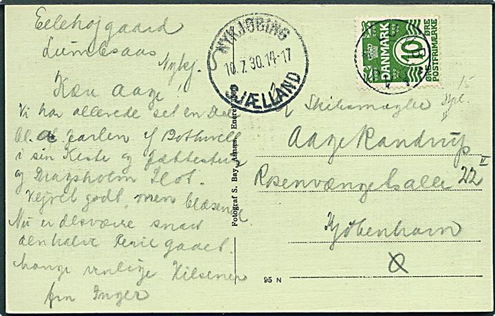 10 øre Bølgelinie på brevkort annulleret med stjernestempel LUMBSAAS og sidestemplet Nykjøbing Sjælland d. 10.7.1930 til København. 