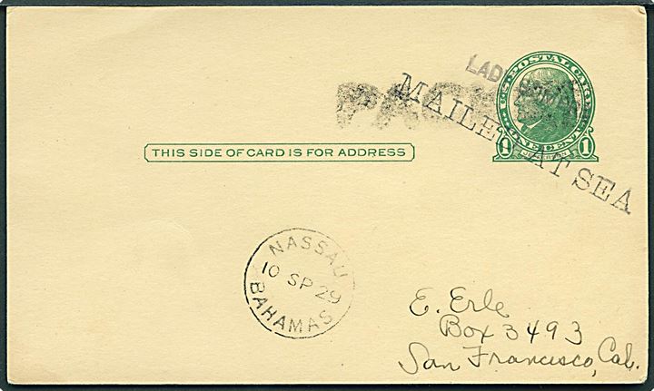 Amerikansk 1 cent helsagsbrevkort annulleret med skibsstempel Lady Somers, Paquebot og sidestemplet Nassau Bahamas d. 10.9.1929 til San Francisco, USA. Filatelistisk.