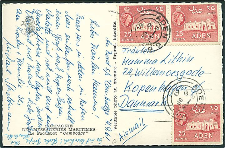 25 cents Elizabeth (3) på brevkort (M/S Cambodge) stemplet Aden G.P.O. d. 6.9.1961 til København, Danmark.