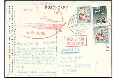 50 s. blandingsfrankeret brevkort (M/S Kurenai Maru) stemplet Takahama d. 27.12.1961 til Berlin, Tyskland. Stort rødt skibsstempel.
