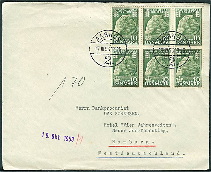 10 øre 1000 års udg. i 6-blok på brev fra Aarhus 2 d. 17.10.1953 til Hamburg, Tyskland.