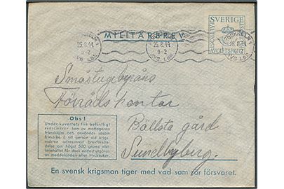 Militärbrev fra Stockholm d. 25.8.1944 til Sundbyberg. Fra styrmand ved Marinepost 2540 (= Ostkustens marindistrikt). Ubenyttet svarmærke.