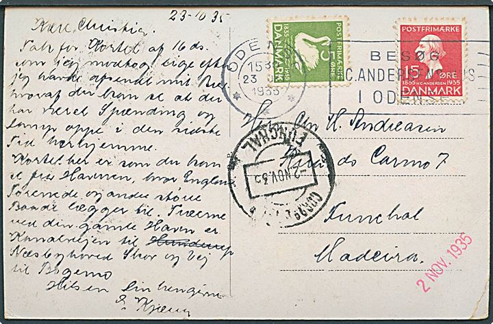5 øre og 15 øre H. C. Andersen på brevkort fra Odense d. 23.10.1935 til Funchal, Madeira.