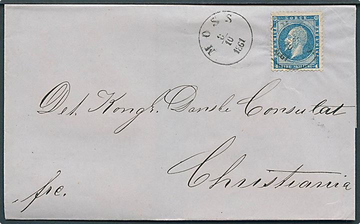4 sk. Oscar I på brev annulleret med natiqua Moss d. 8.10.1861 til Det kongl. Danske Consulat i Christiania. På bagsiden signetstempel fra det danske konsulat i Moss.