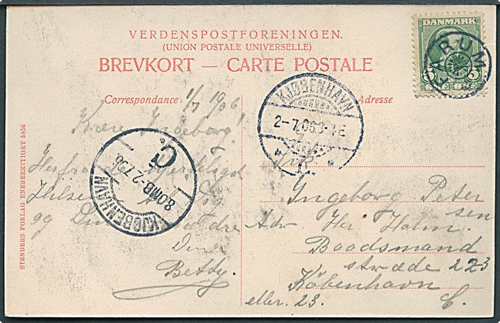 5 øre Chr. IX på brevkort (Fiskebæk) annulleret med stjernestempel FARUM og sidestemplet Kjøbenhavn L. d. 2.7.1906 til København.