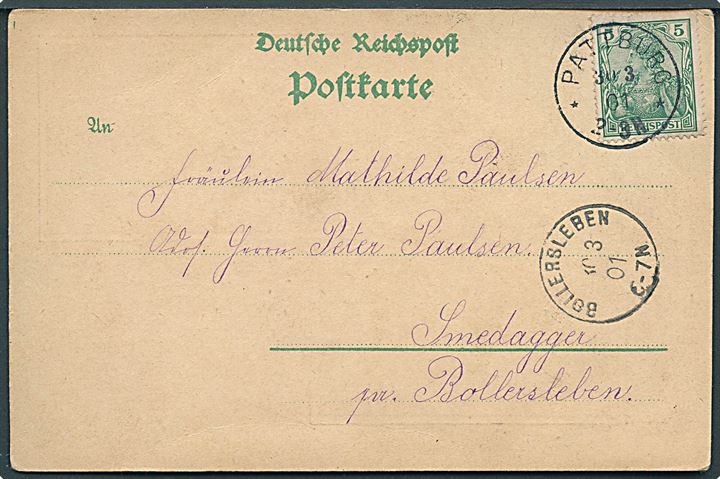 5 pfg. Reichpost Germania på brevkort (Gruss aus Bau) annulleret Pattburg d. 30.3.1901 til Smedagger pr. Bollersleben. Ank.stemplet Bollersleben d. 30.3.1901.