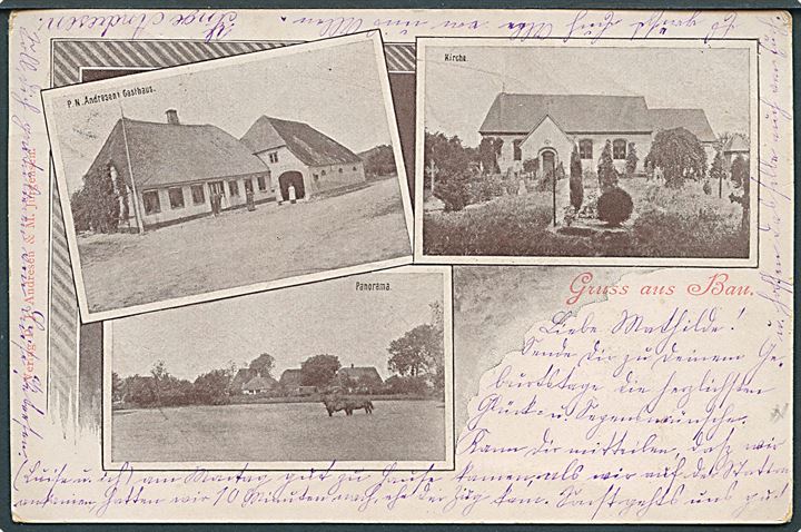 5 pfg. Reichpost Germania på brevkort (Gruss aus Bau) annulleret Pattburg d. 30.3.1901 til Smedagger pr. Bollersleben. Ank.stemplet Bollersleben d. 30.3.1901.