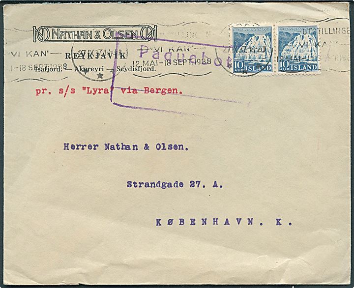 10 aur Dynjandi i parstykke på firmakuvert fra Reykjavik annulleret med norsk maskinstempel Bergen d. 27.9.1937 og sidestemplet Paquebot til København, Danmark. Kuvert påskrevet: pr s/s Lyra via Bergen.