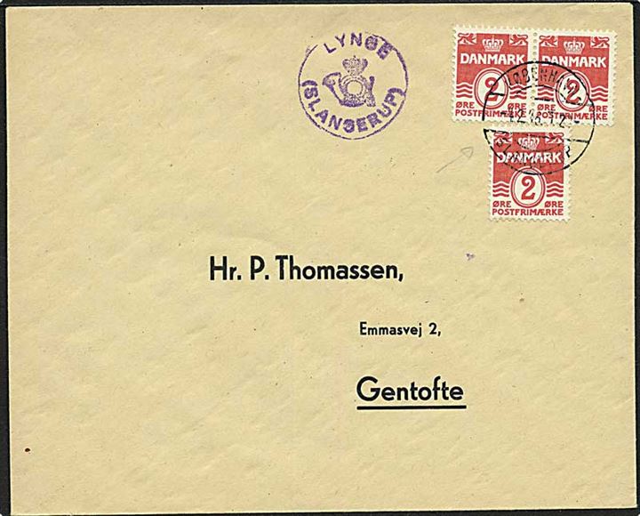 2 øre Bølgelinie (2)på 6 øre frankeret Thomassen-tryksag annulleret med bureaustempel København - Slangerup T.22 d. 4.2.1946 og posthornstempel LYNGE (SLANGERUP) til Gentofte.