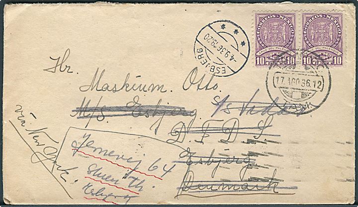 10 c. i parstykke på brev fra Tampico d. 17.8.1936 til maskinmester ombord på M/S England via DFDS i Esbjerg, Danmark - eftersendt til S/S Vidar og siden til privatadresse i Esbjerg. Påskrevet via New York.