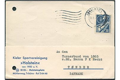 30 pfg. München messe på brevkort fra Kiel d. 4.8.1953 til Tønder, Danmark. 2 arkivhuller.