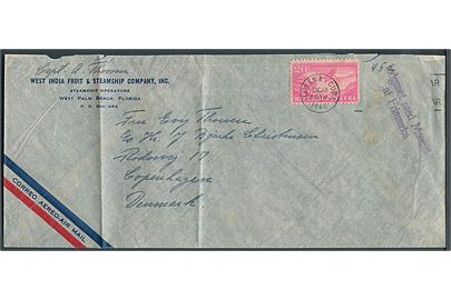 Cuba 20 c. Luftpost på aflangt luftpostbrev (fold) fra Havana d. 13.12.1946 til København, Danmark. Stemplet: Indgaaet med Mangel af Frimærke.