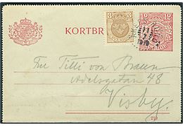 12 öre Gustaf helsagskorrespondancekort (fabr. 219) opfrankeret med 3 øre Tre Kroner stemplet Åkers Runö d. 11.7.1919 til Visby på Gotland.
