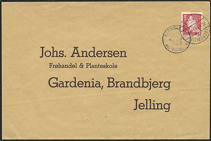 35 øre rød Fr. IX på brev fra Terkelsbøl d. 14.4.1964 til Jelling. Terkelsbøl / pr. Tinglev posthornsstempel og Fredericia / Padborg bureaustempel.