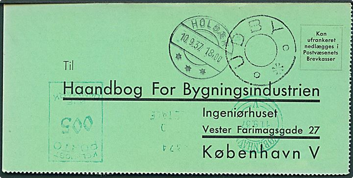 Ufrankeret svar-brevkort med udslebet stjernestempel UDBY sidestemplet Holbæk d. 10-9-1937 til København. Udtakseret i 5 øre porto.