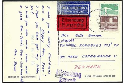 80 pfg. blandingsfrankeret ekspres luftpostbrevkort fra 1983 til Danmark.