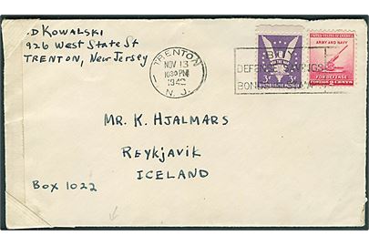 2 cents og 3 cents Defence på brev fra Trenton d. 13.11.1942 til Reykjavik, Island. Åbnet af amerikansk censur no. 9839 og påskrevet yderligere censor no. 8454. Fuldt indhold.