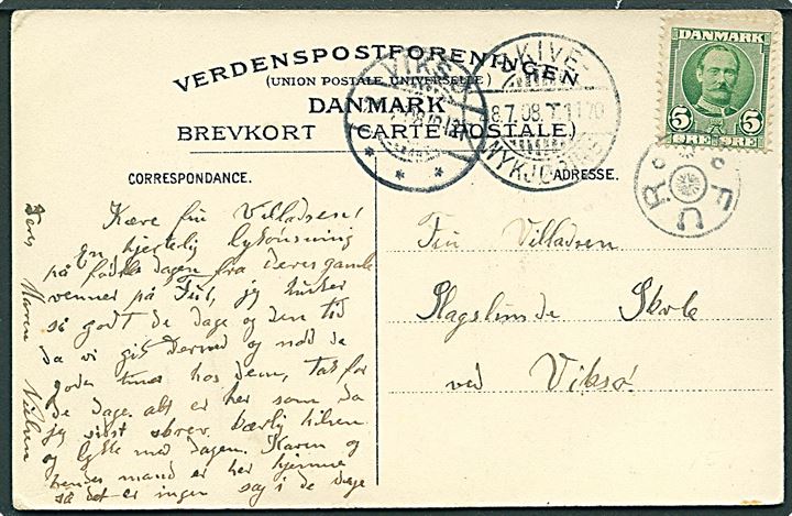 5 øre Fr. VIII på brevkort (Hvirk Skole på Fur) annulleret med stjernestempel FUR og sidestemplet bureau Skive - Nykjøbing T.1170 d. 28.7.1908 til Viksø.