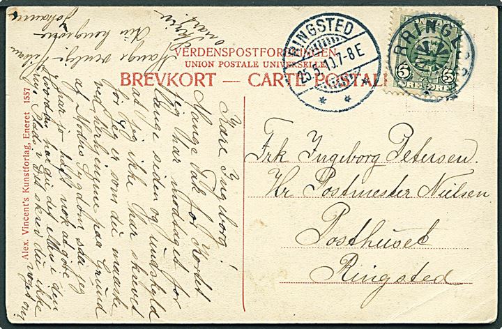5 øre Fr. VIII på brevkort annulleret med stjernestempel FARRINGLØSE og sidestemplet Ringsted d. 25.5.1910 til Ringsted.