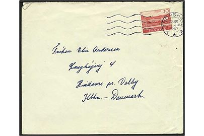 30 øre Nationalmusset på brev stemplet Thorshavn d. 19.7.1957 til Hvidovre. Sendt fra Fregatten Thetis, Thorshavn, Færøerne.