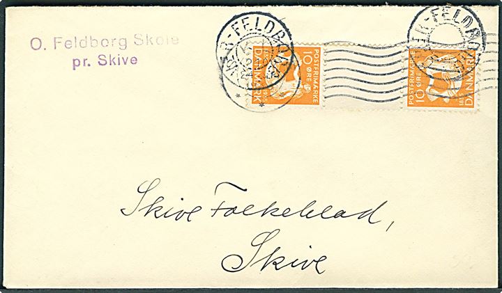 10 øre H. C. Andersen i tête-bêche 3-stribe med mellemstykke på brev annulleret med udslebet stjernestempel OVER-FELDBORG og sidestemplet Skive d. 24.9.1936 til Skive.
