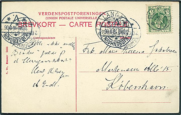 5 øre Chr. IX på brevkort annulleret med stjernestempel RØNBJERG og sidestemplet med bureaustempel Langaa - Struer d. 17.8.1906 til København.