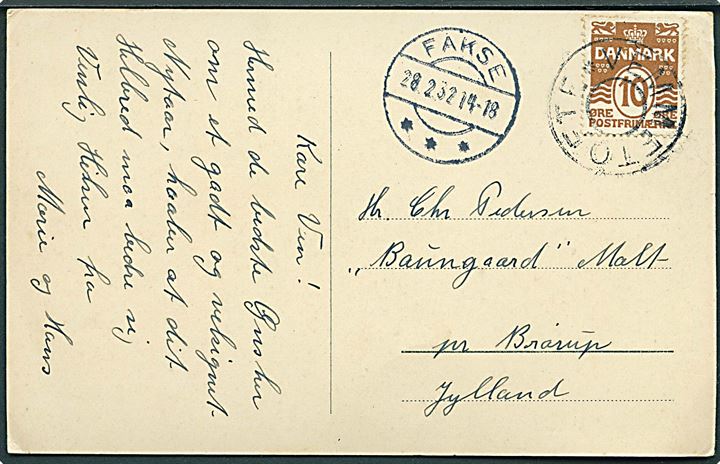 10 øre Bølgelinie på brevkort annulleret med udslebet stjernestempel VEMMETOFTE og sidestemplet Fakse d. 28.2.1932 til Brørup.