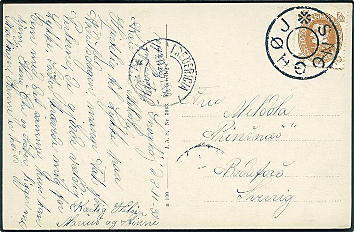 10 øre Chr. X 60 år på brevkort fra Snoghøj annulleret med udslebet stjernestempel SNOGHØJ og sidestemplet Fredericia d. 4.11.1930 ti Bodafors, Sverige.