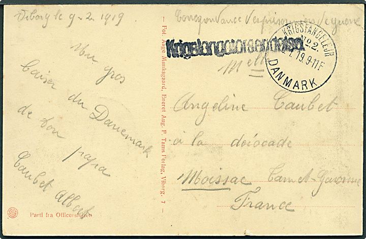 Ufrankeret brevkort (Lazaretlejren ved Hald) med liniestempel Krigsfangeforsendelse og brotype IIIb Krigsfangelejr No. 2 Danmark d. 10.1.1919 fra fransk transit-fange til Frankrig. 