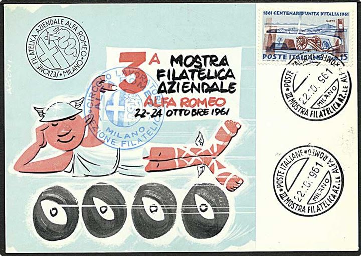 15 c. 100 år for Italiens forening på særligt Alfa Romeo postkort annulleret med udstillingsstempel i Milano d. 22.10.1961.