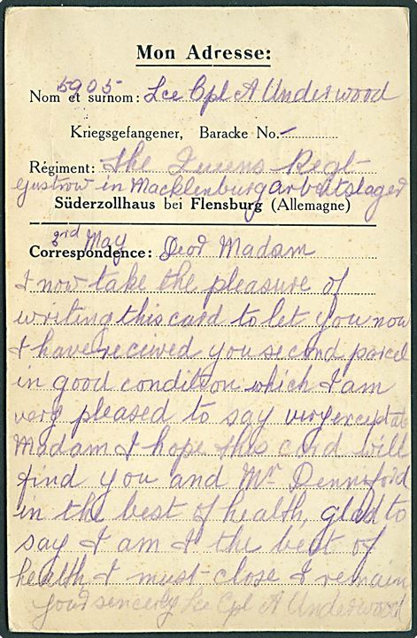 Ufrankeret fortrykt krigsfangebrevkort fra britisk krigsfange i arbejdslejr Süder-Zollhaus ved Flensburg censureret og udsendt via hovedlejr Güstrow d. 20.5.1915 via London til Hampton, England.
