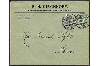 3 øre Tofarvet 20.tryk og 5 øre Våbentype på 8 øre frankeret brev fra Kjøbenhavn B. d. 20.2.1902 til Skive.