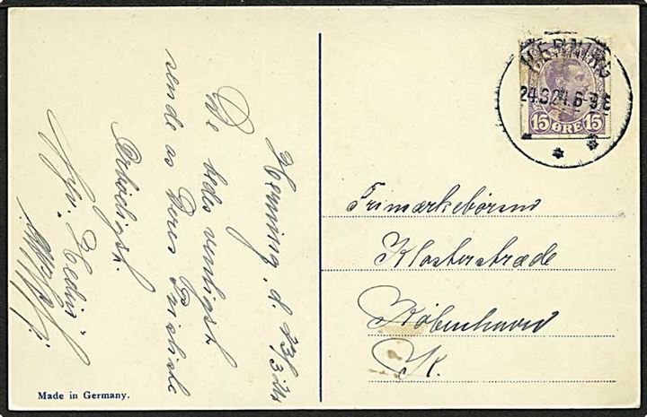 15 øre Chr. X helsagsafklip anvendt som frankering på brevkort (Frimærker fra Dahomey) fra Herning d. 24.9.1924 til København. Har været opklæbet.