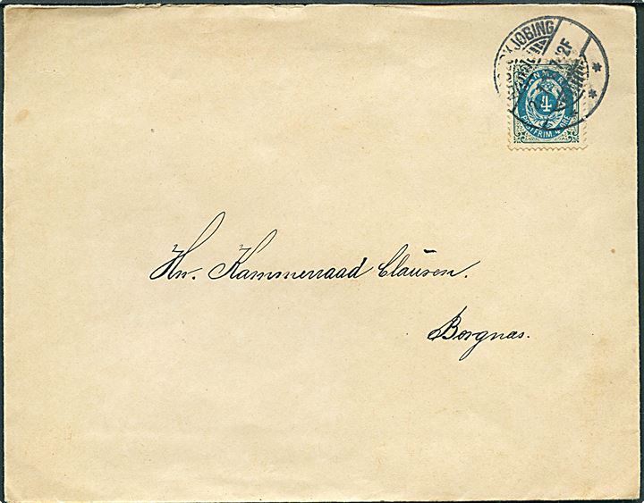4 øre Tofarvet på lokalbrev fra Ærøskjøbing d. 21.7.1902 til Kammerraad Clausen, Borgnæs.