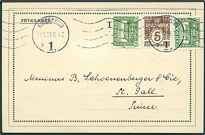 5 øre Bølgelinie og 10 øre Genforening (2) med perfin K.H. på tryksags brevkort fra Kjøbenhavnsd Handelsbank i Kjøbenhavn d. 27.9.1921 til St. Gall, Schweiz.