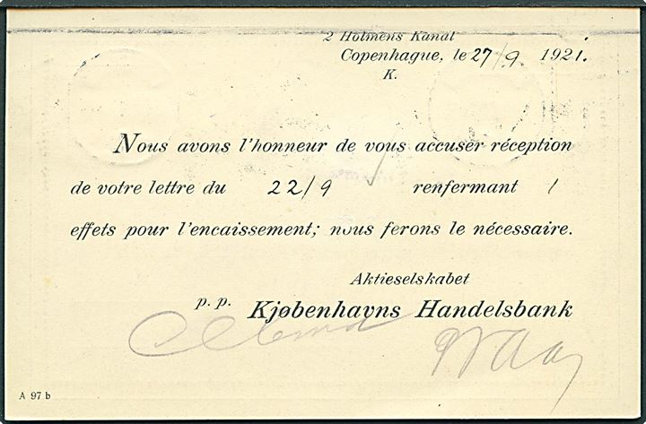 5 øre Bølgelinie og 10 øre Genforening (2) med perfin K.H. på tryksags brevkort fra Kjøbenhavnsd Handelsbank i Kjøbenhavn d. 27.9.1921 til St. Gall, Schweiz.