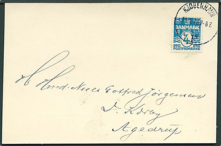 4 øre Bølgelinie med perfin J.M.D. på tryksagsbrevkort fra Indre Mission Danmark i Kjøbenhavn d. 10.1.1916 til Agedrup.