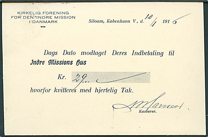 4 øre Bølgelinie med perfin J.M.D. på tryksagsbrevkort fra Indre Mission Danmark i Kjøbenhavn d. 10.1.1916 til Agedrup.