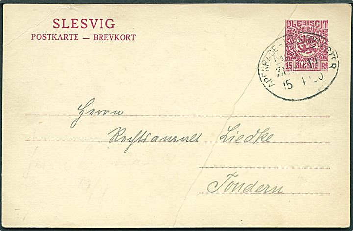 15 pfg. Fælles udg. helsagsbrevkort med kraftig papirfold fra Bredsted annulleret med bureaustempel Apenrade - Lügumkloster Bahnpost Zug 11 d. 15.4.1920 til Tondern. 