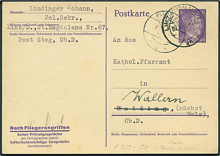 6 pfg. Hitler helsagsbrevkort med tiltryk Nach Fliegerangriffen fra Linz d. 5.9.1943 til Haiding - eftersendt.