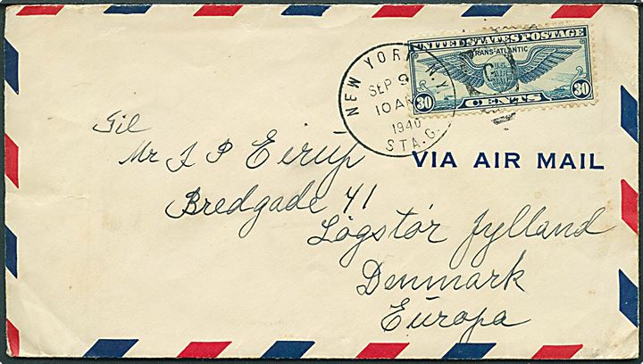 30 cents Winged Globe på luftpostbrev fra New York d. 9.9.1940 til Løgstør, Danmark. Fra dansk sømand ombord på tankskibet Esso Balboa. Uden tysk censur.