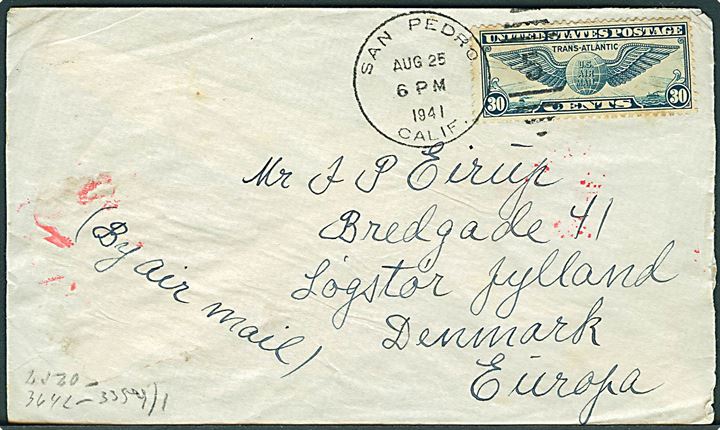 30 cents Winged Globe på luftpostbrev fra San Pedro d. 25.8.1941 til Løgstør, Danmark. Fra dansk sømand ombord på tankskibet Esso Balboa. Åbnet af tysk censur.