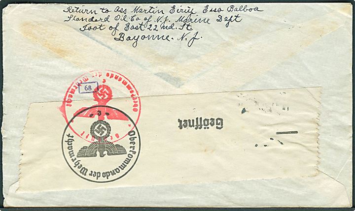 30 cents Winged Globe på luftpostbrev fra San Pedro d. 25.8.1941 til Løgstør, Danmark. Fra dansk sømand ombord på tankskibet Esso Balboa. Åbnet af tysk censur.