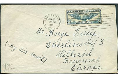 30 cents Winged Globe på luftpostbrev fra San Pedro d. 21.6.1941 til Løgstør, Danmark. Fra dansk sømand ombord på tankskibet Esso Balboa. Åbnet af tysk censur.